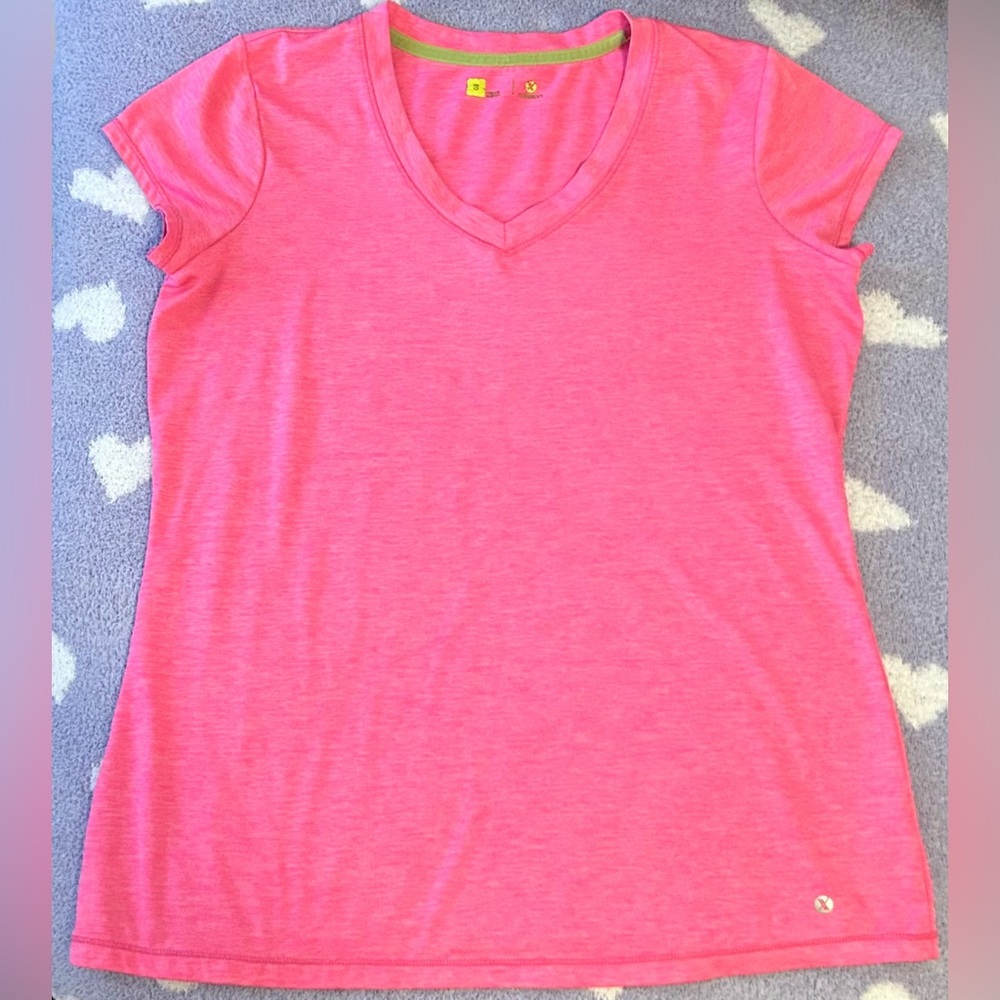Xersion Hot Pink Fitted Short Sleeve V Neck Athletic Workout T-Shirt Tee Size S